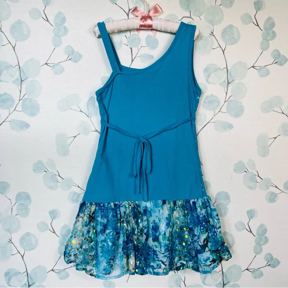 Justice Kids Turquoise Aqua Blue Dress Sequin Party Dress-up Floral Ruffled Lace - Picture 14 of 15